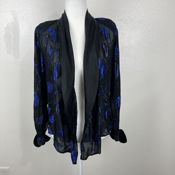 Vintage Lisa & Scott Blazer Women 4 Black Blue Metallic Open Front Party Outer - Picture 15 of 15